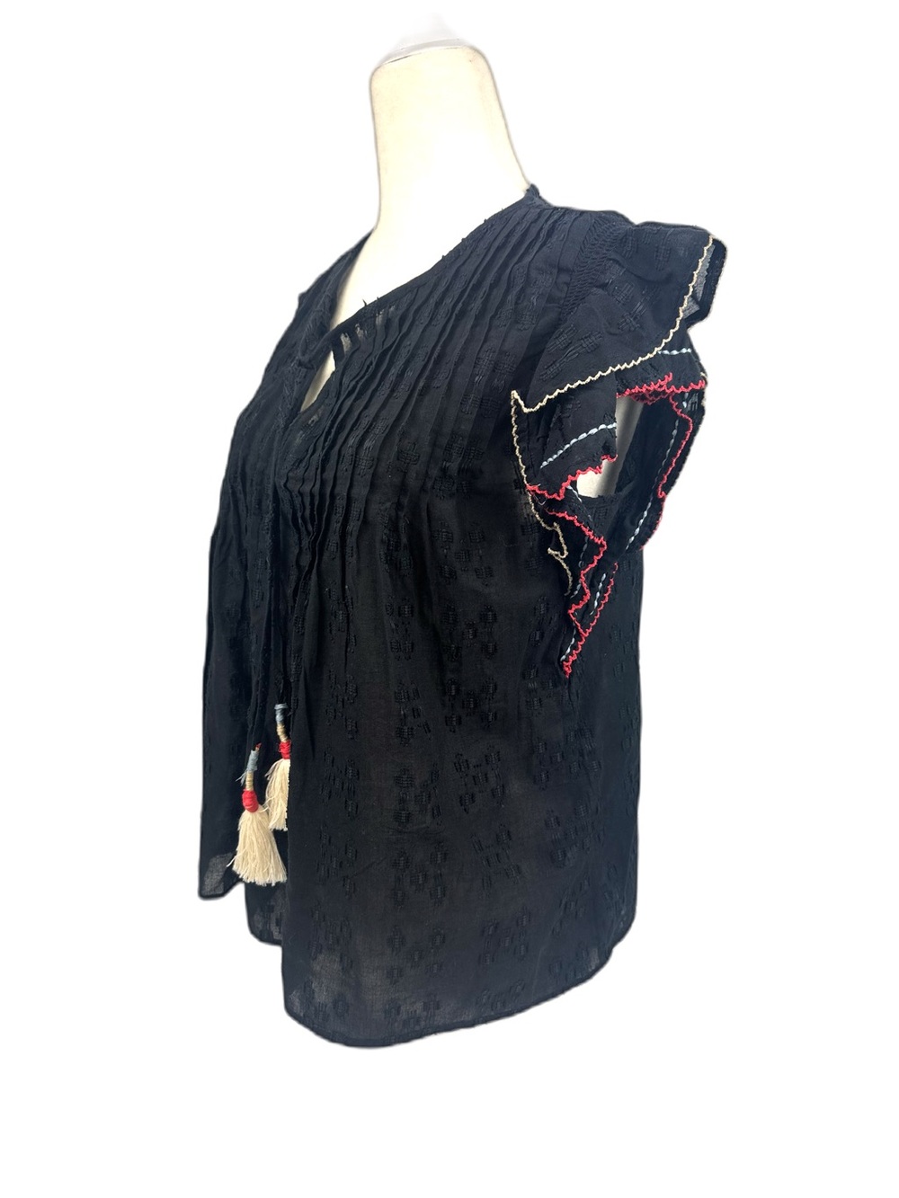 ACOS&A Flamenco Embroidered Ruffle Sleeveless Top Black Cotton Sz Small Women’s